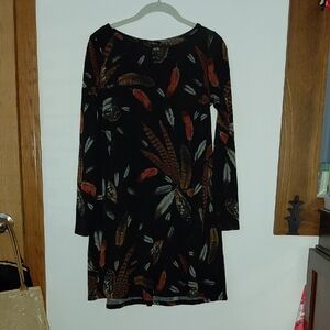 Elegant Black and Brown Feather Print Dress  NWOT  size Small